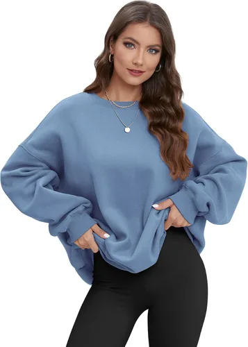 Vista 5 de ATHMILE Sudadera de gran tamaño para mujer, cuello redondo, forro polar, manga larga, sudaderas con capucha, tops de otoño, ropa de moda 2023