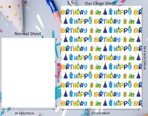 Vista 5 de BULKYTREE Papel de regalo de cumpleaños para niños, niñas, niños, hombres y mujeres, fiestas de vacaciones, 3 hojas grandes, globos