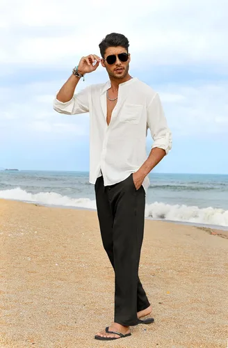 Vista 4 de COOFANDY Pantalones casuales de lino para hombre, cintura elástica, con cordón, pantalones de playa, ligeros, holgados, con bolsillos