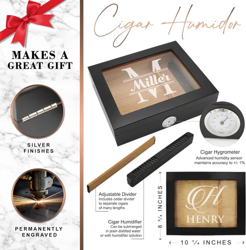 Vista 2 de The Wedding Party Store Caja de puros personalizada premium con higrómetro, humidificador y tapa de vidrio - Juego de regalo de caja de puros