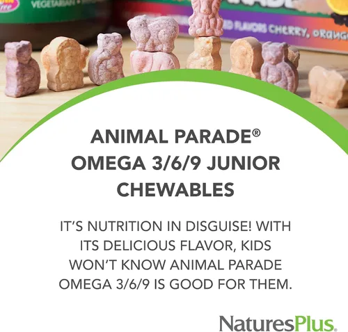Vista 3 de NaturesPlus Animal Parade Omega 3/6/9 Junior, sabor a limón, 90 cápsulas blandas, promueve la salud inmunológica, de la piel, los ojos y el sistema