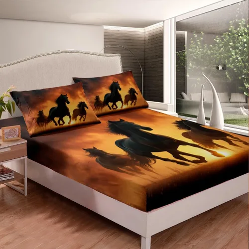 Vista 2 de Juego de ropa de cama de caballo negro, tamaño individual, sábana bajera ajustable de animales del oeste para niños, adultos, niños y hombres, juego