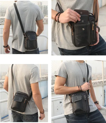 Vista 6 de BULLCAPTAIN Bolso de hombro de cuero genuino para hombre, bolso de mensajero casual diario