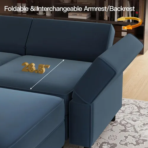 Vista 8 de Belffin - Sofá modular de terciopelo con asiento de almacenamiento, sofá en forma de U de gran tamaño con diván reversible, con otomana, color azul