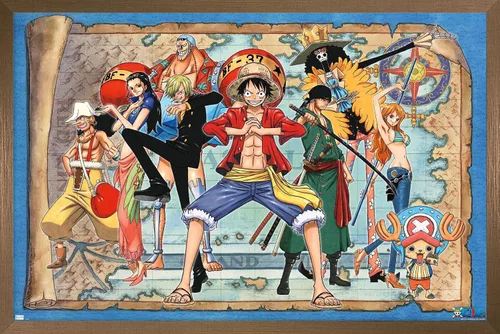 Vista 15 de One Piece - Póster de pared con mapa grupal, 22.4 pulgadas de largo x 14.7 pulgadas de ancho, versión enmarcada de madera de granero