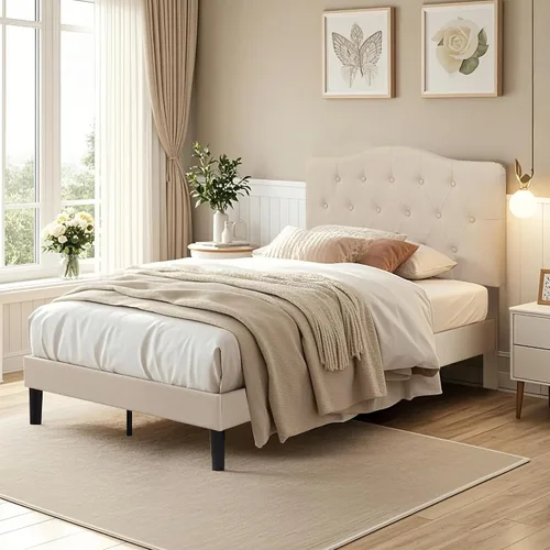 Vista 4 de VECELO Base de cama de plataforma de tamaño individual con cabecera tapizada de tela y soporte de listones de madera, no necesita somier/fácil Beige