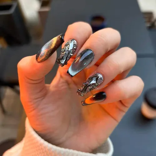 Vista 3 de Uñas postizas a presión hechas a mano, pintadas a mano, uñas postizas largas, uñas postizas negras, cuadradas, uñas para mujeres, uñas postizas