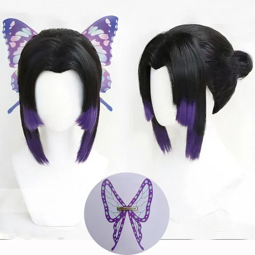 Vista 2 de LCNING Demon Slayer Kochou Shinobu Cosplay peluca con horquilla de mariposa anime Kimetsu no Yaiba resistente al calor Pelucas Cosplay Pelucas