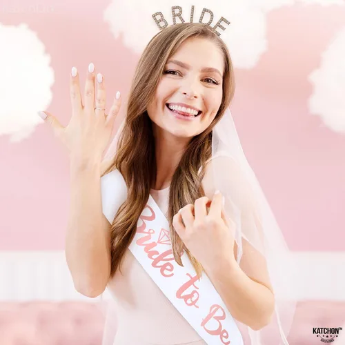 Vista 4 de KatchOn, Corona de novia de oro rosa y banda para la novia – Paquete de 2 Banda y diadema para novia Corona de novia para despedida de soltera