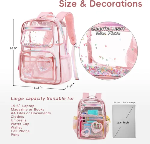 Vista 6 de Mochila transparente para niñas y mujeres, mochila transparente para niños, escuela primaria, universidad, mochila de viaje para laptop, mochilas