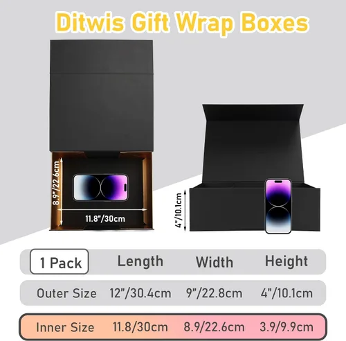 Vista 3 de Ditwis Caja de regalo de 12x9x4 pulgadas con tapa de cierre magnético, caja magnética negra y dorada para boda, propuesta de padrinos y damas