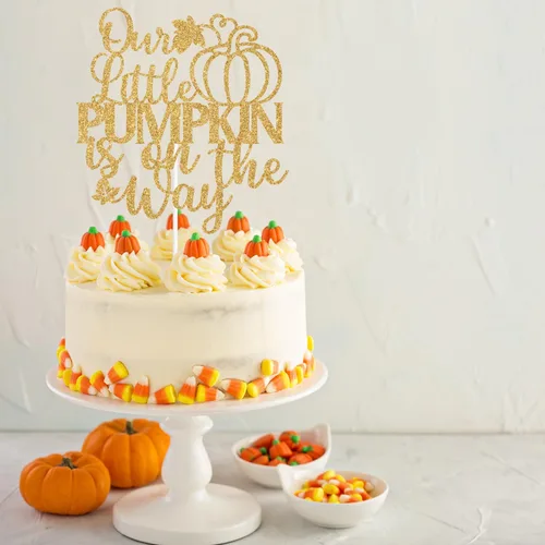 Vista 4 de Decoración para tartas con purpurina dorada, «Our Little Pumpkin is on the Way», «Sweet Little Pumpkin/A Little Pumpkin is on the Way», decoración