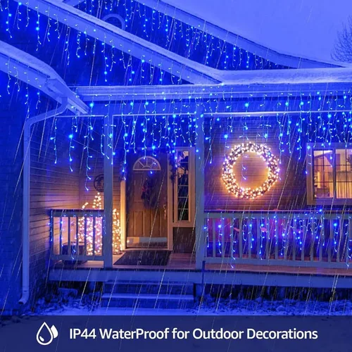 Vista 6 de Luces solares de Navidad de 320 LED, luces de cortina impermeables para decoraciones navideñas al aire libre, 29.5 pies, 60 gotas, 8 modos, luces