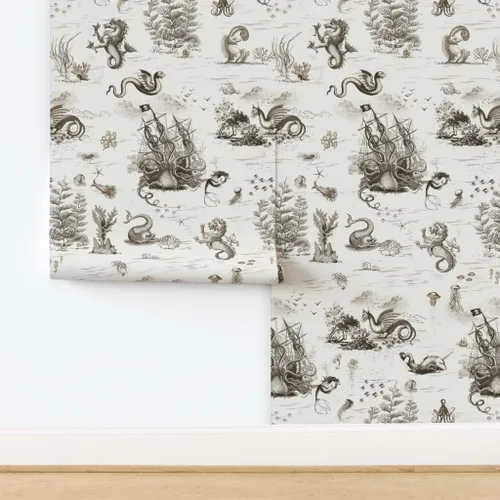Vista 4 de Spoonflower Papel tapiz para despegar y pegar, diseño vintage de dragón, océano, pulpo, sepia, toile, sirena, steampunk, papel tapiz extraíble
