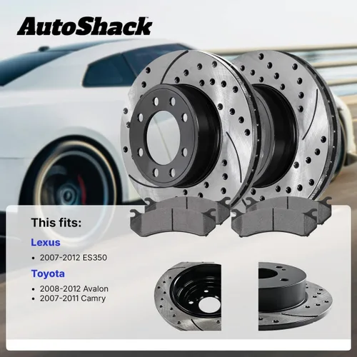Vista 2 de AutoShack - Kit de freno trasero de repuesto para Toyota Avalon 2007-2011 Camry 2007-2012 Lexus ES350 FWD perforados y ranurados con revestimiento E