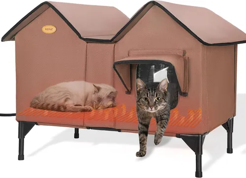 Vista 9 de Casa climatizada para gatos para exteriores en invierno, casa elevada para gatos al aire libre, resistente a la intemperie, puerta de escape