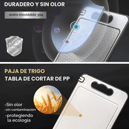 Vista 3 de Tabla de cortar de acero inoxidable de doble cara, tabla de cortar de grado alimenticio 304 con malla resistente a los arañazos, ranura para jugos