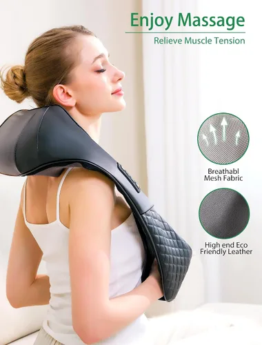 Vista 4 de Masajeador Shiatsu inalámbrico de cuello y espalda con calor para aliviar el dolor de tejido profundo, almohada eléctrica recargable 4D de masaje