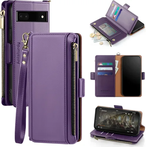 Vista 11 de Antsturdy Funda compatible con Google Pixel 6a con tarjetero para mujeres y hombres, funda de teléfono con bloqueo RFID, de piel sintética, a prueba