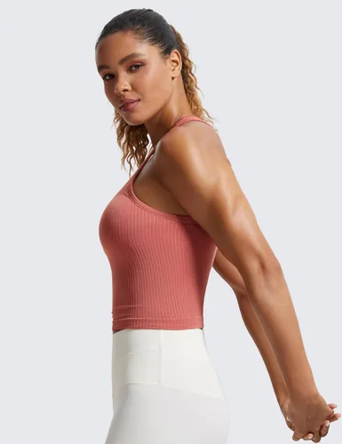 Vista 4 de CRZ YOGA Brasier deportivo de cuello alto acanalado sin costuras para mujer, espalda cruzada, acolchado, ajustado, con brasier integrado