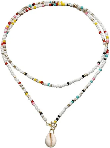 Vista 6 de Cowrie - Gargantilla de concha con cruz colorida para mujer, cadena larga, verano, playa, bohemio, babero Collier Femme, 29.5in, Zinc, No es una