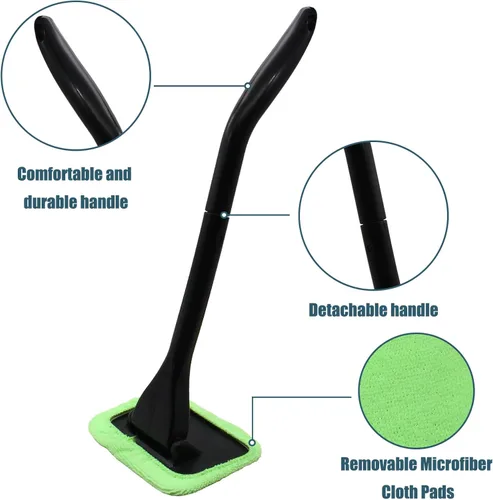 Vista 3 de Kit limpiador de ventanas de automóvil, herramienta de limpieza de parabrisas con mango largo extensible y 2 almohadillas de microfibra lavables