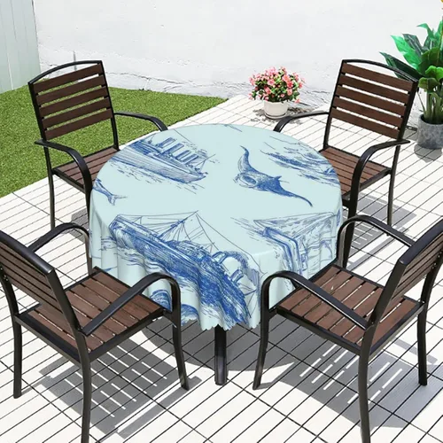 Vista 6 de Mantel redondo con patrón náutico, tela impermeable, reutilizable, lavable, a prueba de derrames, resistente a las arrugas, para cocina, boda