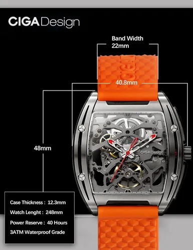 Vista 5 de CIGADesign Reloj de esqueleto automático mecánico de titanio con réplica Tonneau de reloj de pulsera casual impermeable con cristal de zafiro correa