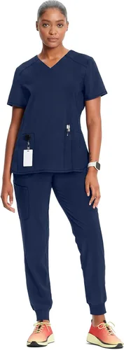 Vista 3 de Cherokee Infinity Camiseta Médica con Cuello en V para Mujer, Ajuste Contemporáneo, 2 Bolsillos, Inserto de Punto Acanalado, Aberturas Laterales