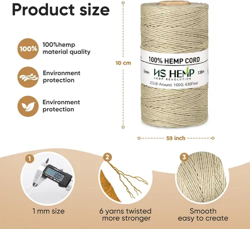 Vista 2 de 【 NS HEMP 】 Cordón de cáñamo 100% para la fabricación de joyas, cordón de cáñamo de 0.039 in, 426.5 ft (29# California Sky)