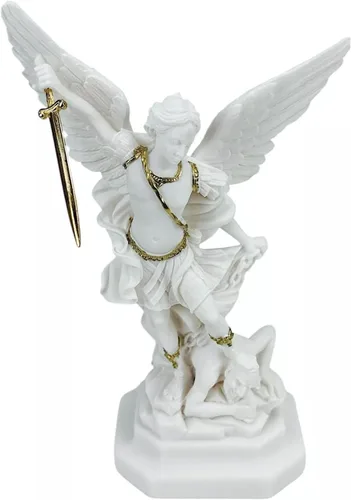 Vista 5 de Generic Saint St Michael Arcángel derrotó a Lucifer estatua griega figura de escultura con detalles dorados, oro blanco, altura: 9.1 in (9 pulgadas)