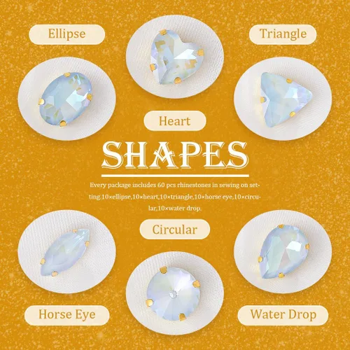 Vista 3 de TANOSII 60 diamantes de imitación para coser con formas mixtas, gemas de cristal con parte trasera plana mental con garra dorada para joyas, Azul