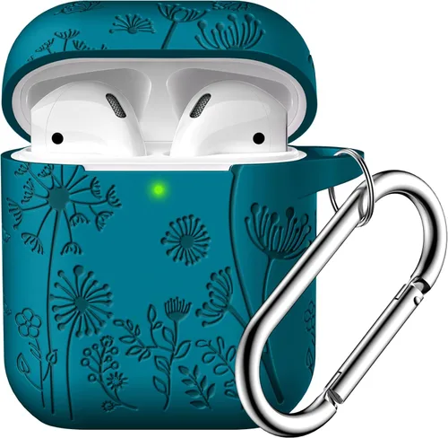 Vista 24 de Lerobo - Funda con grabado de flores para carcasa de AirPod, protector de silicona suave y elegante con llavero compatible con carcasa de carga
