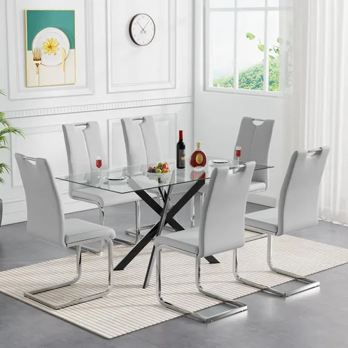 Vista 21 de SSLine Mesa de comedor moderna de cristal, rectangular de 51 pulgadas, color negro con patas de metal diseñadas en X para cocina y comedor