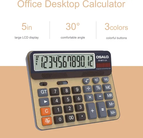Vista 9 de Calculadora de escritorio y bolsa impermeable con cremallera de malla, batería de 12 dígitos, pantalla LCD con energía solar, calculadora de botón