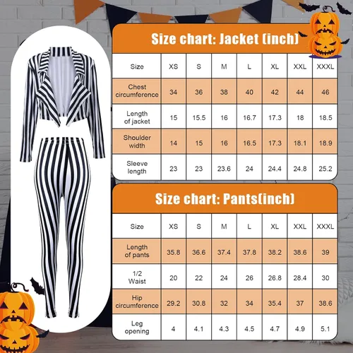Vista 2 de SATINIOR Traje de Halloween a rayas verticales blancas y negras para mujer, pantalones de longitud con chaqueta de corbata