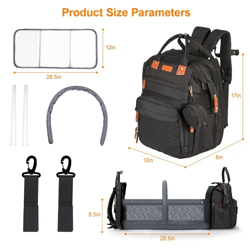 Vista 4 de Mochila para pañales, con mochila para cambiador, tela Oxford 900D, mochila para pañales de gran capacidad, mochila multifuncional 3 en 1 para Negro