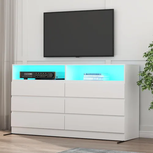 Vista 6 de Gyfimoie - Cómoda blanca de 6 cajones para dormitorio con toma de corriente Blanco