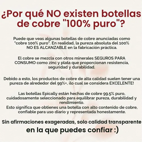 Vista 4 de Botella de agua de cobre puro 99.5 % (32 onzas), martillada, probada con plomo, sin BPA, 2 juntas adicionales, resistente a abolladuras, a prueba