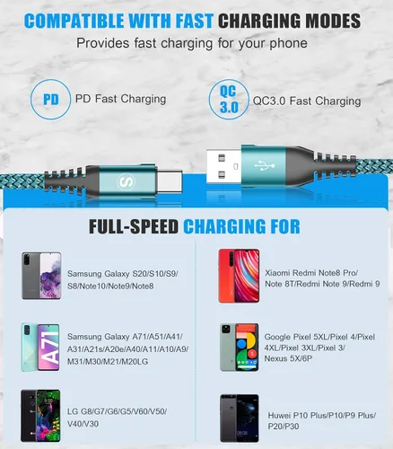 Vista 7 de sweguard Cable USB C de 3.1 A de carga rápida [2 unidades, 3.3 pies + 3.3 pies], cargador USB-A a USB-C, cable trenzado de nailon para Samsung