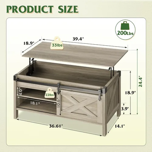 Vista 3 de WLIVE Mesa de Centro con Tapa Elevable, Mesa de Centro Estilo Granja de 39.4 pulgadas con Gran Compartimento de Almacenamiento Oculto, Puertas
