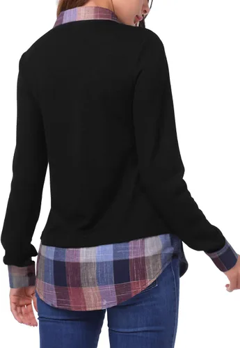 Vista 2 de DJT - Blusa tipo túnica 2 en 1 con cuello a cuadros en contraste para mujer