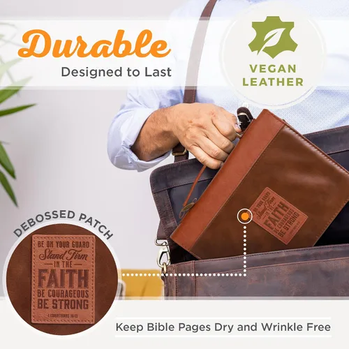 Vista 3 de Christian Art Gifts Funda clásica de piel sintética para la Biblia para hombres y mujeres: mantente firme en la fe - 1 Corintios 16:13 versículo