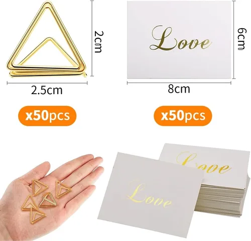 Vista 2 de Juego de 100 soportes para tarjetas de lugar, 50 soportes para números de mesa de boda, forma triangular con tarjeta de 50 lugares, soporte