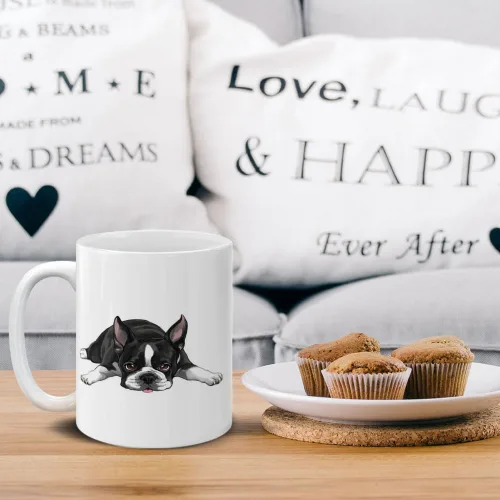 Vista 4 de MUGBREW Boston Terrier - Taza de café de cerámica con diseño de perro acostado y mirando hacia arriba, 11 onzas