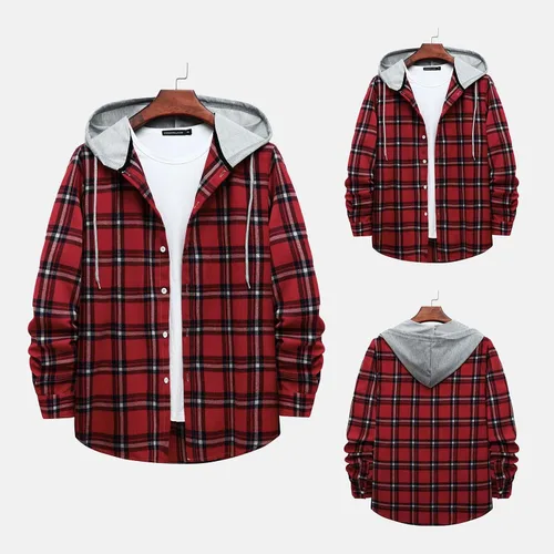 Vista 2 de Aymnlox Sudaderas con capucha para hombre, de manga larga, a cuadros, con botones, con capucha, casual, elegante, con cordón, 2024 #A01-Red