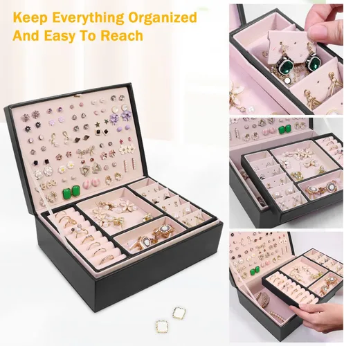 Vista 2 de Joyero organizador para mujer, organizador de aretes, cajas de almacenamiento de joyas multicapa, regalo ideal, aretes de piel sintética, caja