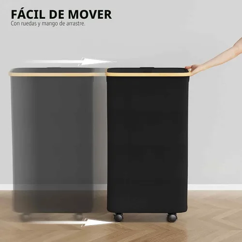 Vista 7 de SpaceAid Cesta de lavandería delgada con ruedas y tapa, cesta de ropa estrecha rodante de 62 litros con mango de bambú, canasta grande para ropa