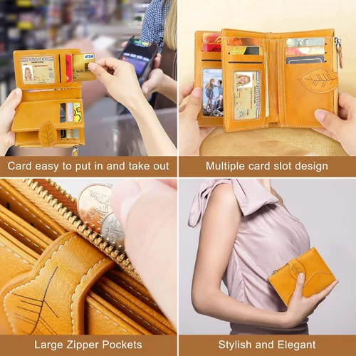Vista 8 de CONISY Cartera pequeña para mujer, cartera compacta de cuero plegable con correa de muñeca con bloqueo RFID para mujer, Amarillo, Casual, clásico