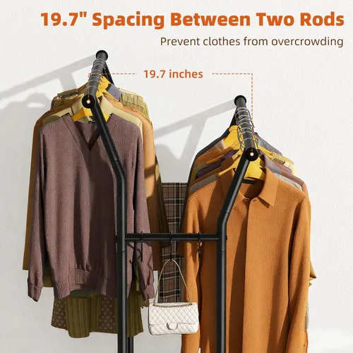 Vista 5 de Luxspire Perchero de doble barra para colgar ropa, perchero con ganchos laterales, estantes inferiores, ruedas de 360°, percheros para dormitorio